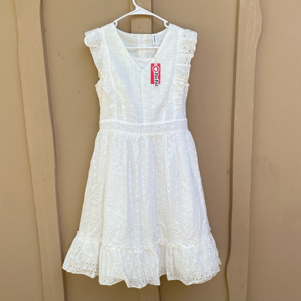 A-Line White Flutter Short Sleeve Eyelet Lace Embroidery Cotton Midi Dress - Picture 1 of 15